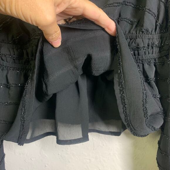 ASTR The Label Blouse L Peasant Style Elastic Waist Peplum Black Shimmer Thread - Picture 8 of 13